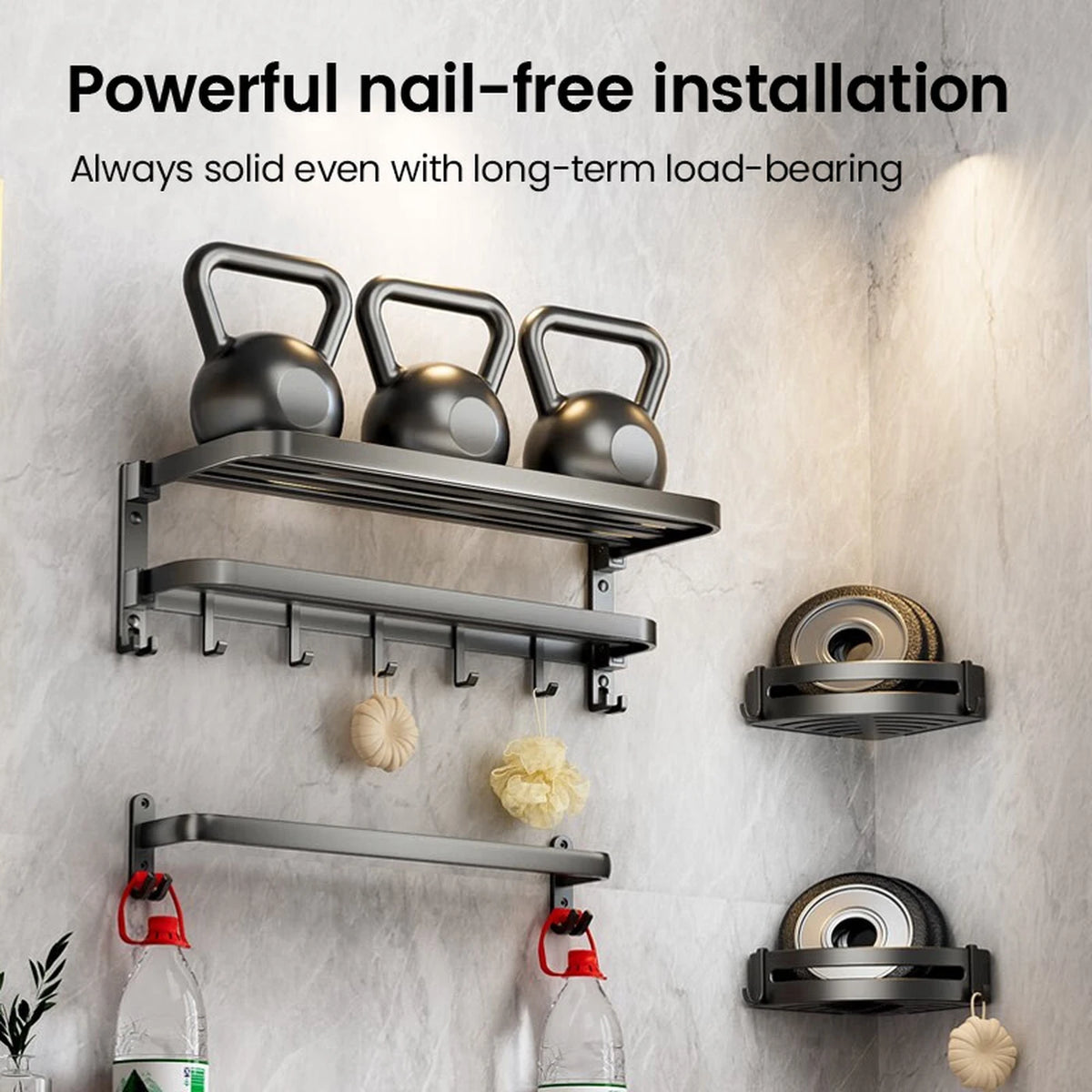 J.ZAO No Drill Bathroom Set - Towel Rack & Caddy - 3-Piece Set - Nail-free Glue Installation Three Piece Set