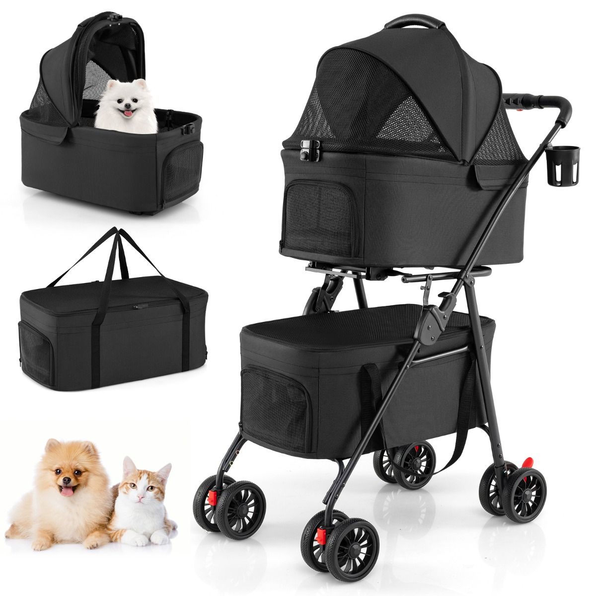 Coast Opvouwbare Dubbele Huisdierenwagen - 3-in-1 met afneembare transportboxen - terreinwielen - black