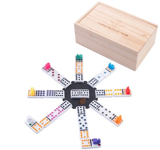 Domino Dubbel 12 Mexican Train – 91 Stenen met Gekleurde Ogen – Houten Kist met Schuifdeksel – Inclusief Station & Treinen – Strategisch Familiespel – Engelhart