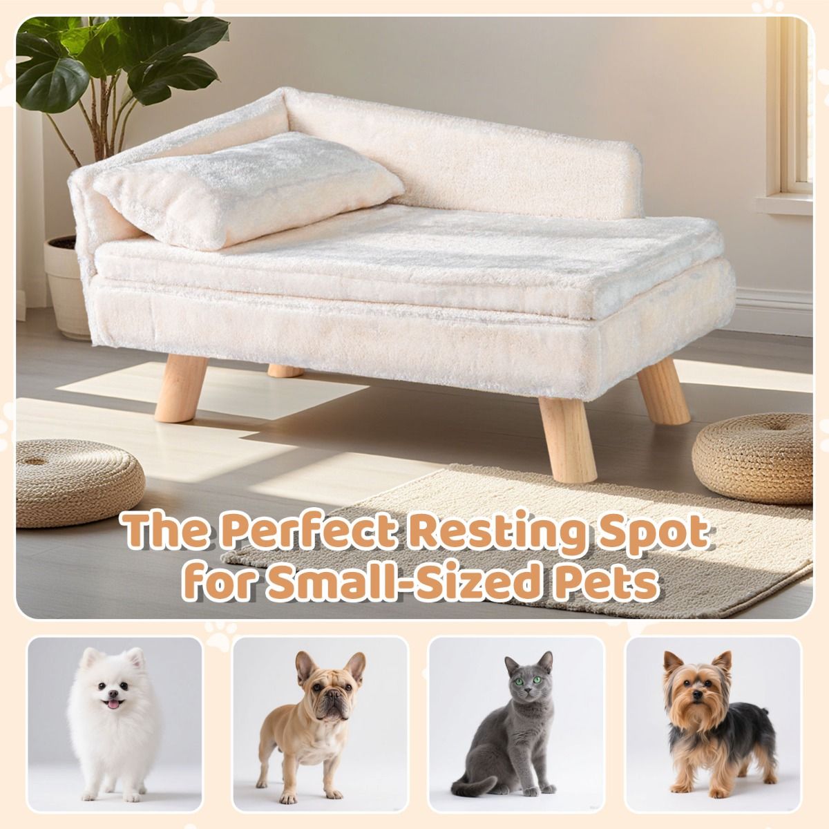 Coast Verhoogd Huisdierenbed - halfronde rugleuning - afneembaar kussen - beige - 71 x 43 x 40 cm