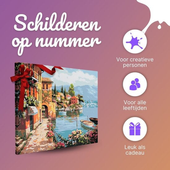 Rubye® Schilderen Op Nummer Volwassenen – Italiaanse Kust – Inclusief Verf en Penselen – Canvas Schildersdoek – Kleuren op Nummer – 40x50cm