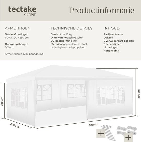 Tectake Partytent - Paviljoen - Opvouwbaar - Zijwanden - Waterdicht - 600 x 300 cm – Wit