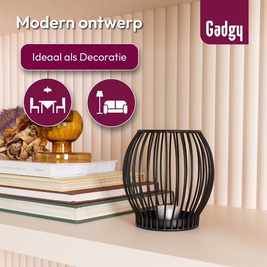 Gadgy Waxinelichthouder Rond - Theelichthouder Klein - Decoratie Woonkamer - Sfeerverlichting Binnen - Kaarsenhouders voor Waxinelichten 14.5x15 cm - Windlicht Metaal - Zwart - Cadeau voor Vrouw