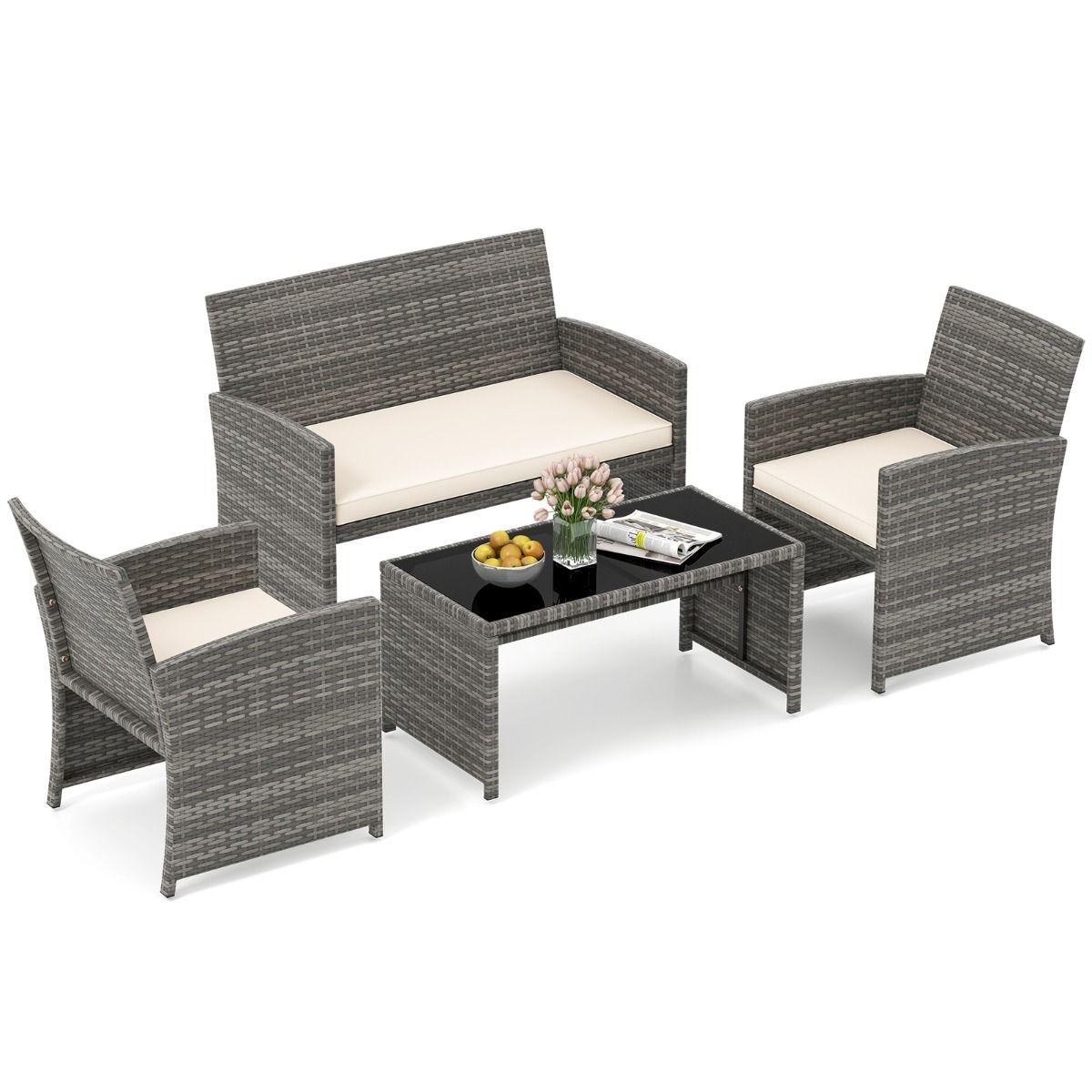 Coast 4-delige tuinmeubelset - rotan loungeset met witte kussens - tafel met veiligheidsglas - grijs