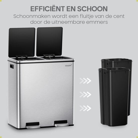 O'DADDY® Prullenbak - Afvalemmer – Duo Bin – 60 Liter – Soft-close – 58,6 x 32 x 65 cm – 2 Binnenemmers / Vakken - Afvalbak - Pedaalemmer 60L - Prullenmand - Vuilnisbak - Afvalscheiding Vuilbak – Inclusief 15 Afvalzakken – Elegant Zilver