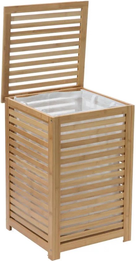 5Five Wasmand Bamboe hout - Met waszak - 65 liter - 40 x 38 x 58 cm - lichtbruin - met deksel