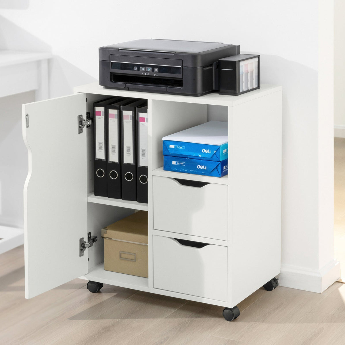 SoBuy Kantoorkastje - Printer standaard met Laden en Deur - Max. 50KG - 60 x 35 x 70 cm - Wit