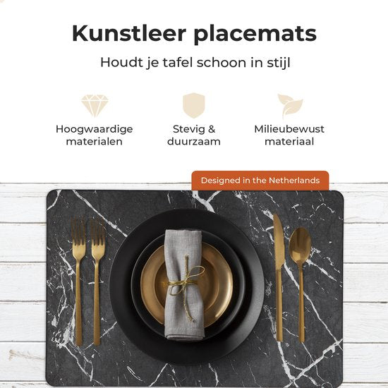 Castagnola Lederlook Placemats - Antislip Placemat van Kunstleer - Waterafstotende Onderlegger - Onderzetter - 6 Stuks - 45 x 30 cm - Zwart/Wit - Marmerpatroon