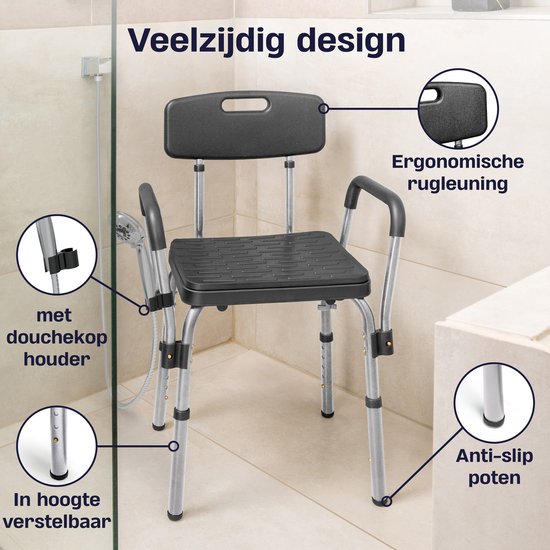 Sanicraft® Douchestoel - Douchekruk met Armleuning & Douchekophouder - Stoel & Kruk in 1 - Verstelbare Hoogte - Anti-Slip Poten - Zilver