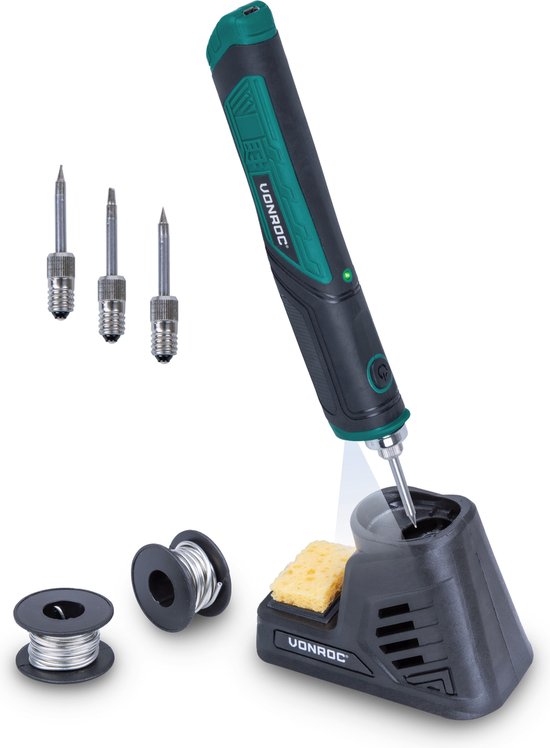 VONROC Soldeerbout 4V – Max. 450°C – Incl. Soldeerbouthouder met spons, soldeer tin- en tips