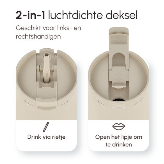 ONYX Drinkfles met Rietje 700ML - Waterfles voor Kinderen & Volwassenen - Thermosbeker Travel Mug - Motiverende Drinkbus - Drinkbeker voor School - Beige