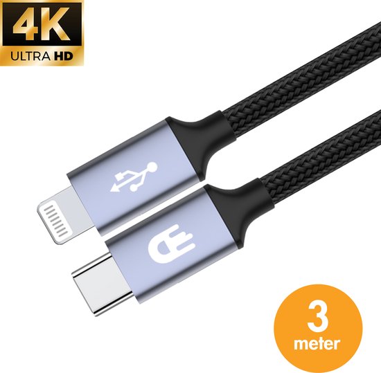 Drivv. USB C Oplaadkabel geschikt voor iPhone & Apple - USB C naar 8 Pin Kabel - Snellader - Oplader kabel - Nylon - Grijs - 3 meter