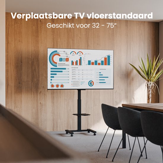 Auronic TV Standaard Verrijdbaar voor 32 tot 75" TV's - TV Voet op Wielen - Universeel - In Hoogte Verstelbaar - Draaibaar - Kantelbaar - Voor 55", 65" en Meer - Zwart