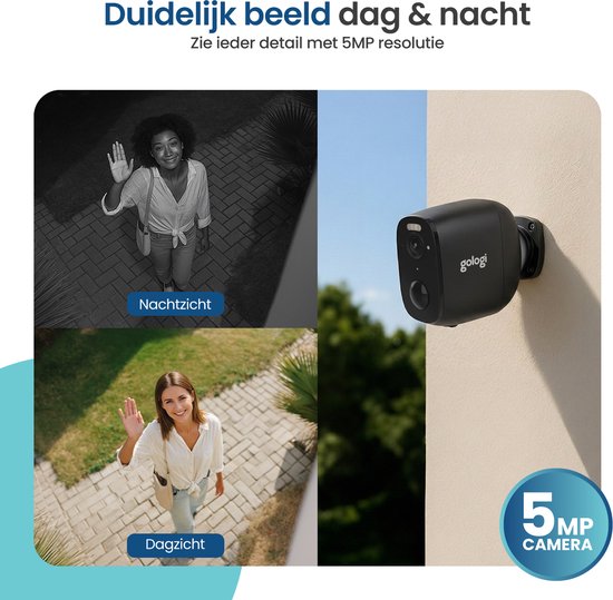 Gologi Draadloze Beveiligingscamera voor Buiten en Binnen - Bewakingscamera met Accu 5200 mAh - USB-C Oplaadbaar - Nightvision - Bewegingsdetectie - Magnetische Montage - 5MP HD Camera WiFi met App - Security Camera - Zwart