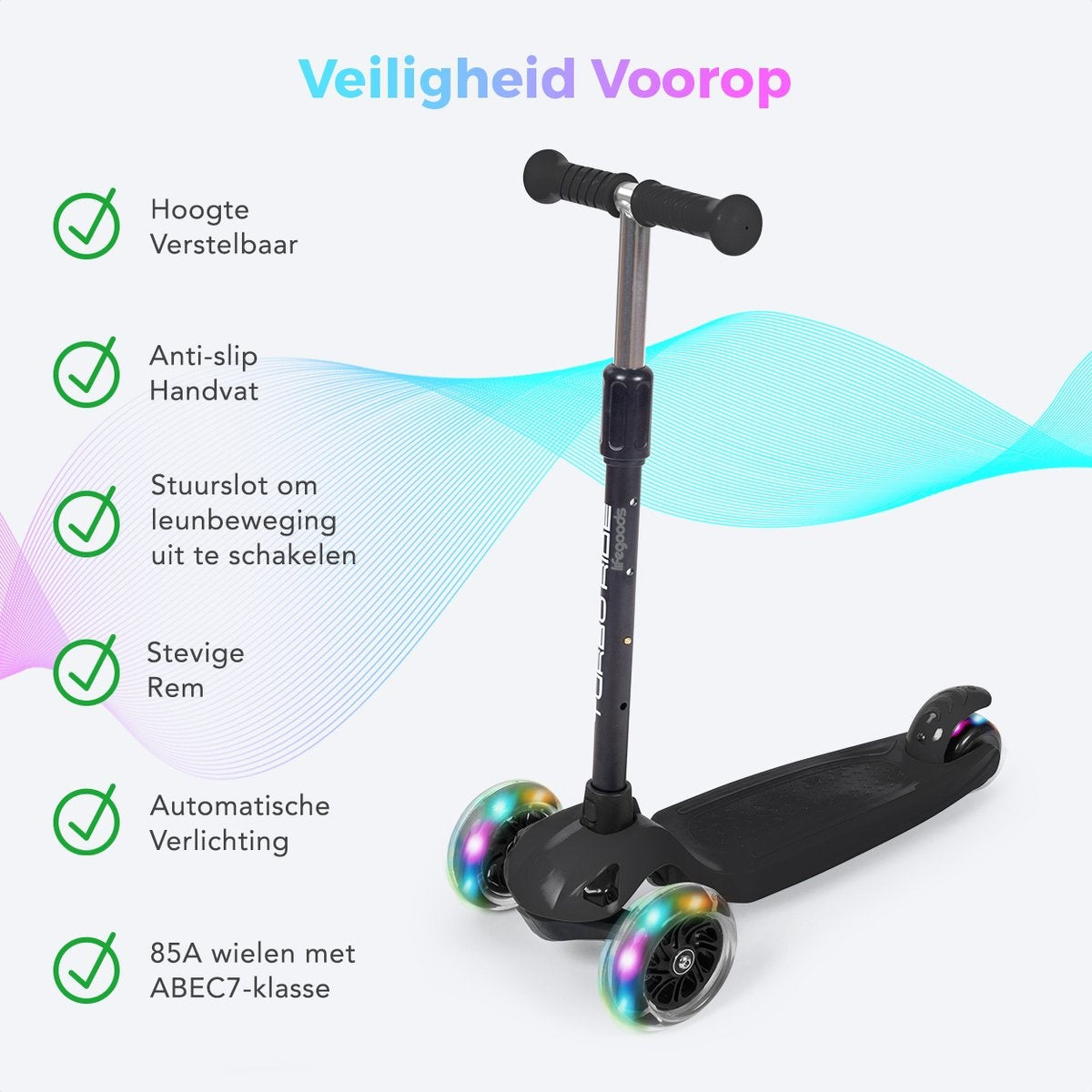 LifeGoods TurboRide Kinderstep - Stap 5-8 Jaar - 3 Lichtgevende Wielen - Jongens/Meisjes - Zwart