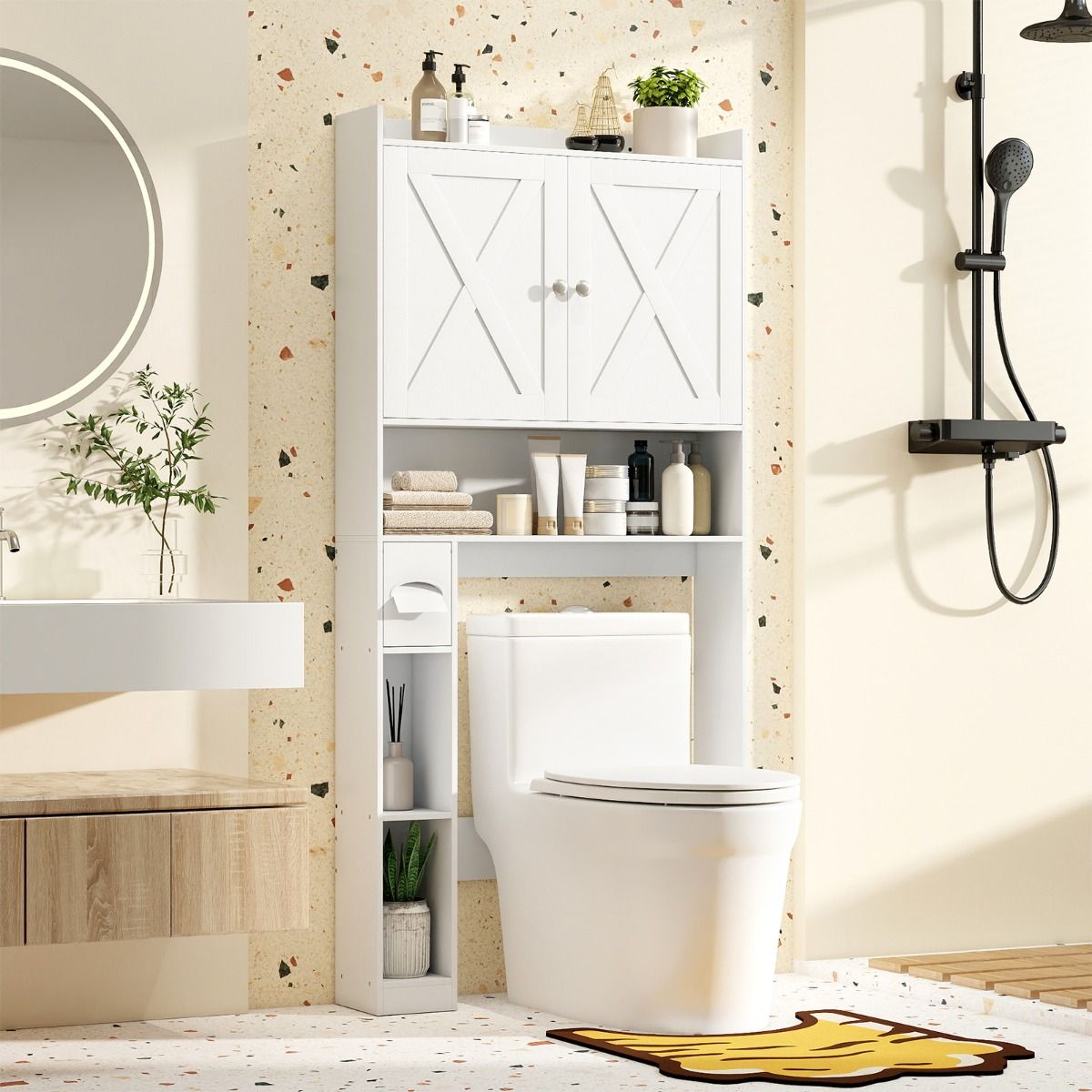 Coast Toiletkast Met Dubbele Deuren - Verstelbare Legplanken - Toiletrolhouder - Gewassen Grijs/Wit - 81,5 x 19,5 x 172 cm