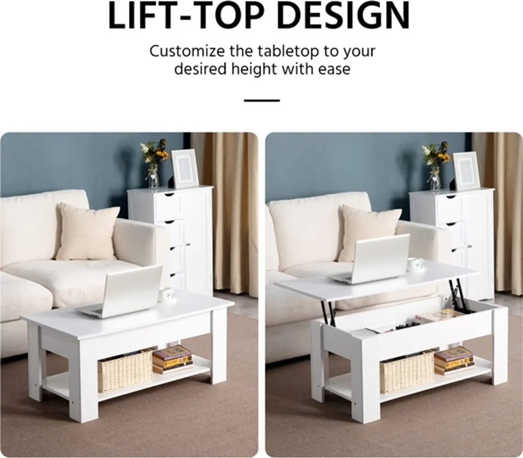 Yaheetech Salontafel met Verstelbaar Tafelblad 98 x 50 x 41,8 cm - Wit - Uitschuifbare Lift-up Salontafel met Opbergruimte