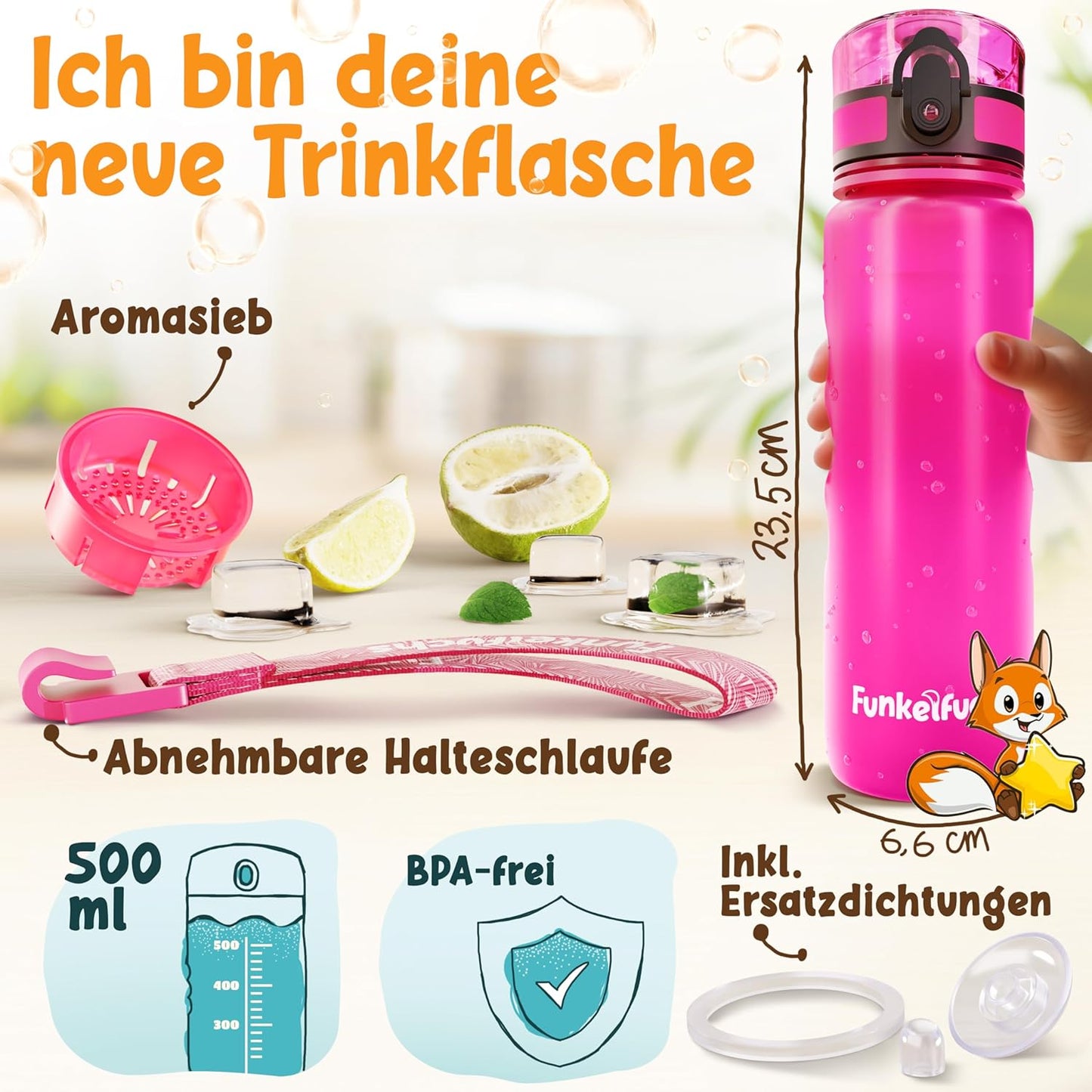 Funkelfuchs®- drinkfles voor kinderen - 500ml, roze - koolzuurhoudend - 100% lekvrij - waterfles vaatwasmachinebestendig - voor kleuterschool, schoolinschrijving, school, sport