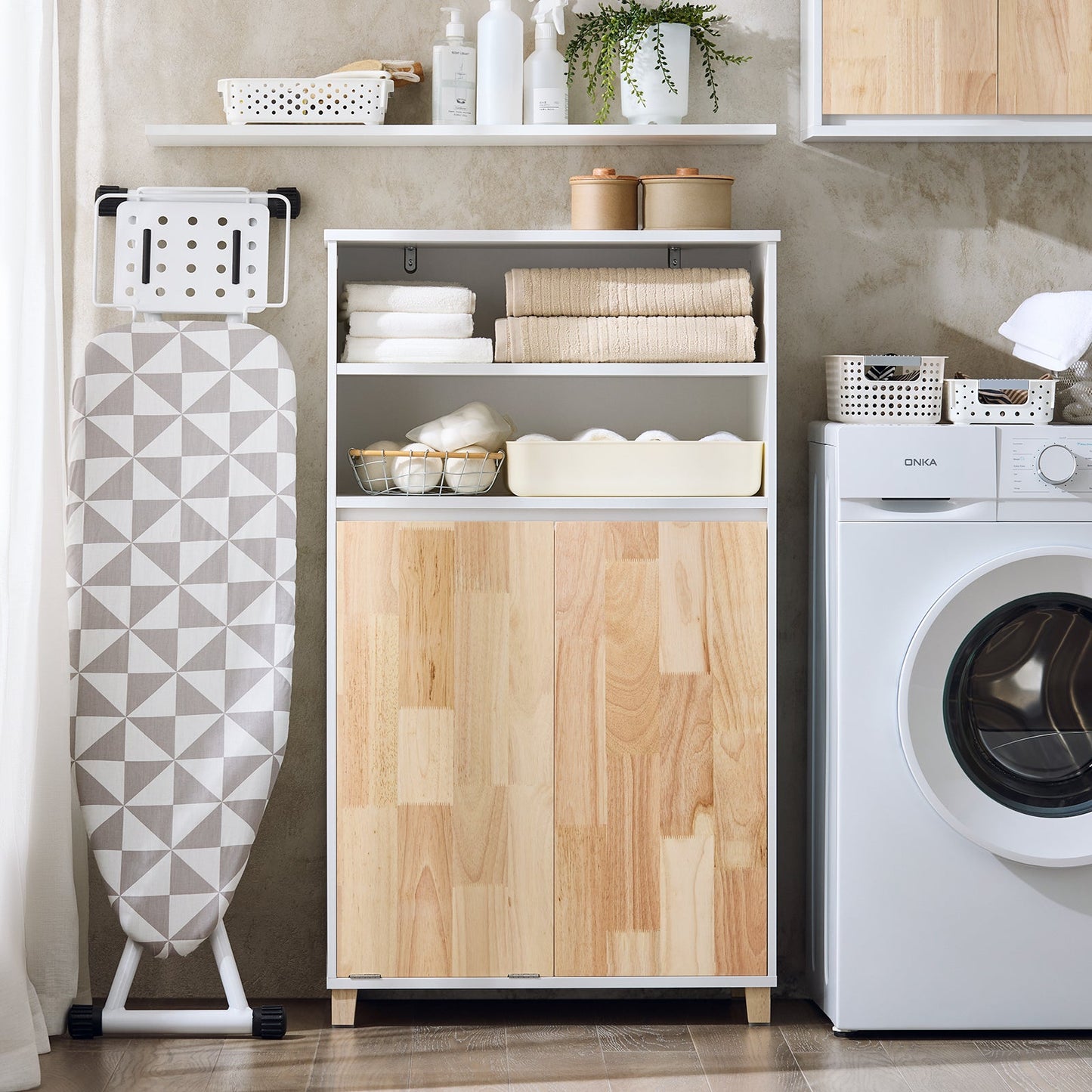 SoBuy BZR143-WN Badkamermeubel met Afneembare Wasbak, 3 Vakopslag en Wasmand – Wit, 64x33x110 cm