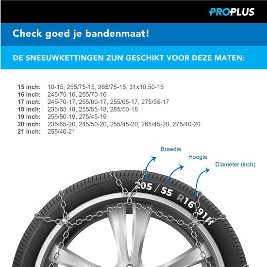 ProPlus Sneeuwkettingen - KNR255 - 16 mm stalen schakels - Önorm Keurmerk - Veiligheid - Banden - Snelle en Eenvoudige Installatie - Voor verschillende bandenmaten - Inclusief reparatieschakels en koffer - Set van 2 - 4x4 voertuig - Minivan SUV/MPV