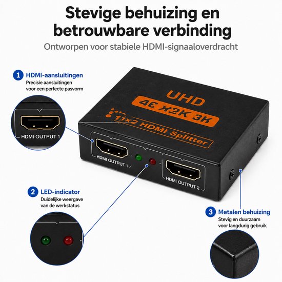 HDMI Splitter 1 in 2 uit - HDMI Verdeler met Beeld Dupliceren - 1 HDMI Ingang naar 2 HDMI Uitgangen - 4K HDMI Splitter voor TV, Monitor en Beamer - Plug & Play - Compacte HDMI Adapter Zwart