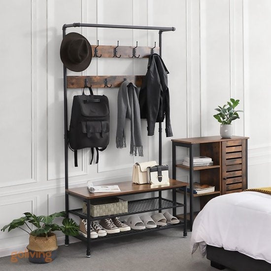 Goliving Kapstok XL – Garderoberek – Schoenenrek – Staand – Industriële kast – Metaal/Hout – 100 x 41.5 x 182 cm – Bruin/Zwart