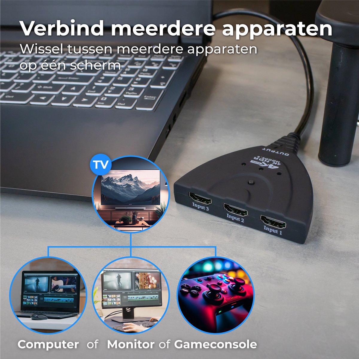 Nuvance HDMI Switch – 3 Ingangen, 4K 60Hz Ondersteuning – 60 cm – Zwart