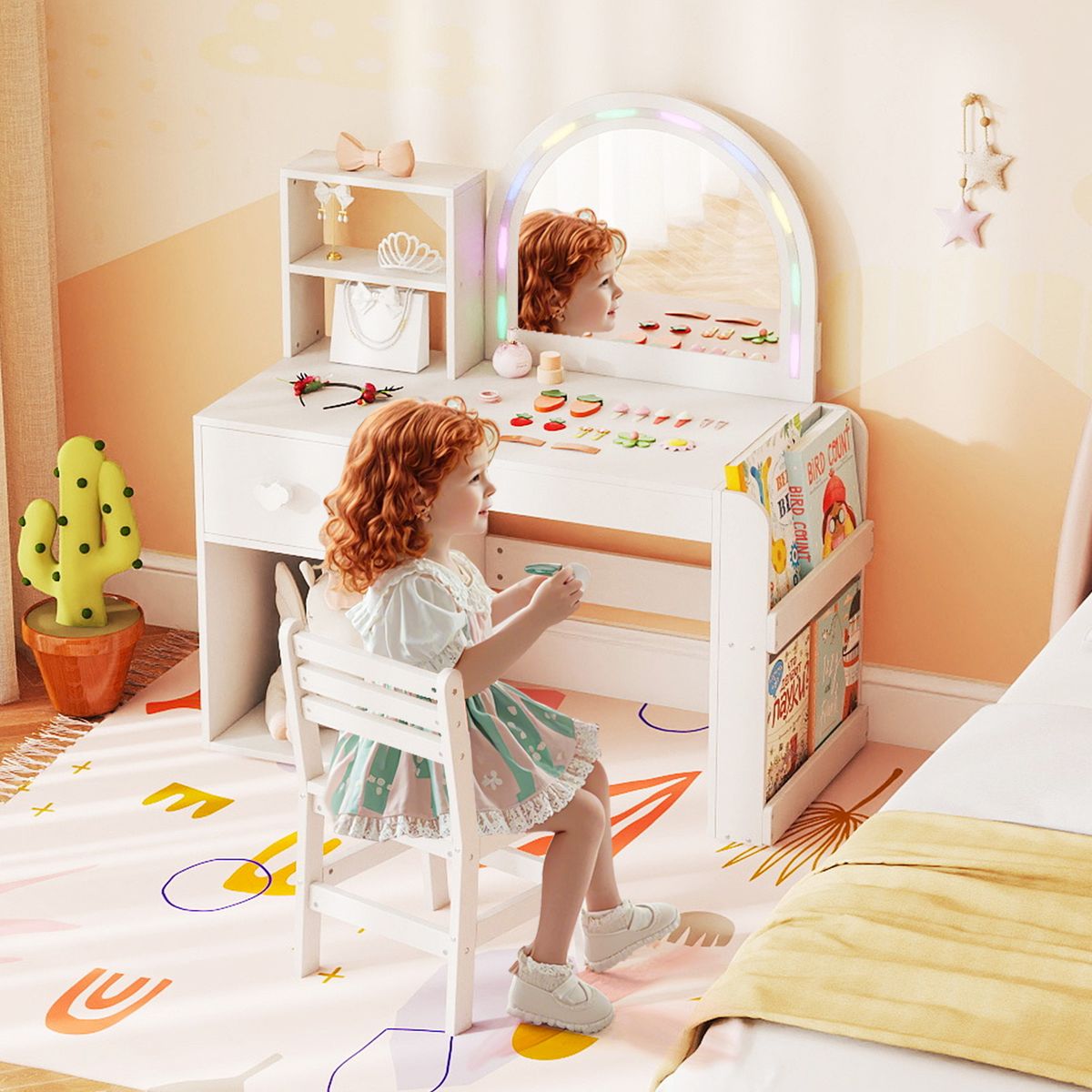 Coast Kinderkaptafel met Stoel - Verlichte Spiegel - Opbergruimte - Roze en Wit