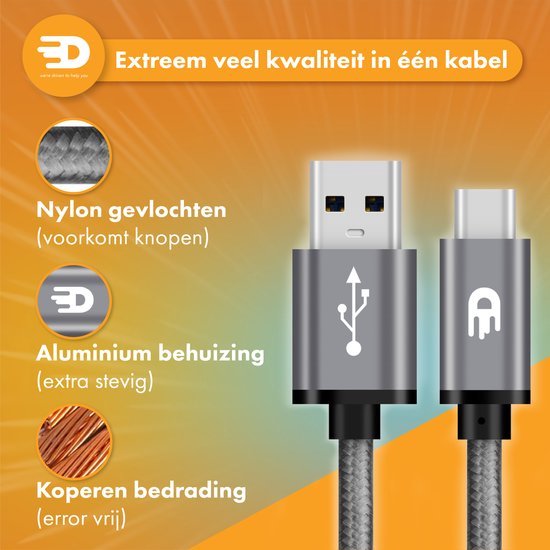 Drivv. USB naar USB C Kabel - Snellader - USB C Data en Oplaadkabel - Kort - 1 Meter - Geschikt voor Samsung, iPhone 15 & Meer - Space Grey