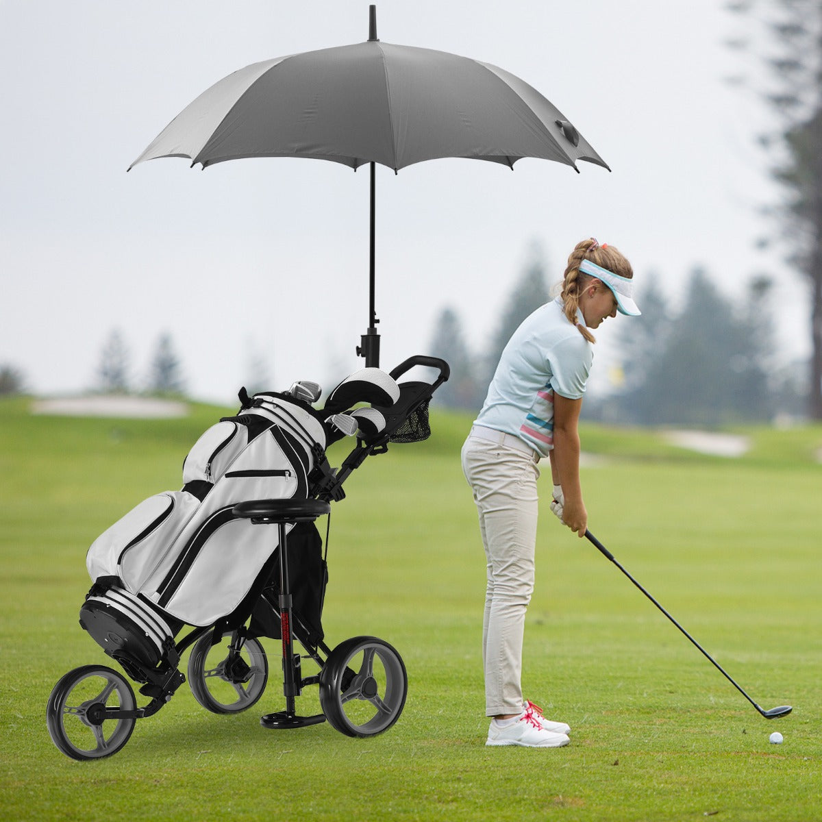 Coast Golftrolley met Parapluhouder en Stoel - 130 x 75 x 120 cm - Grijs / Zwart