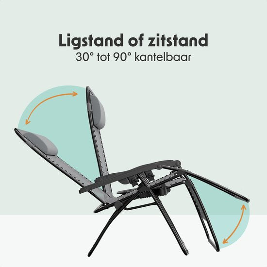 LifeGoods Ligstoelen - Opvouwbaar - Complete set - Met Bijzettafel - 30°-90° Verstelbaar - Tuinstoelen - Metaal - Grijs