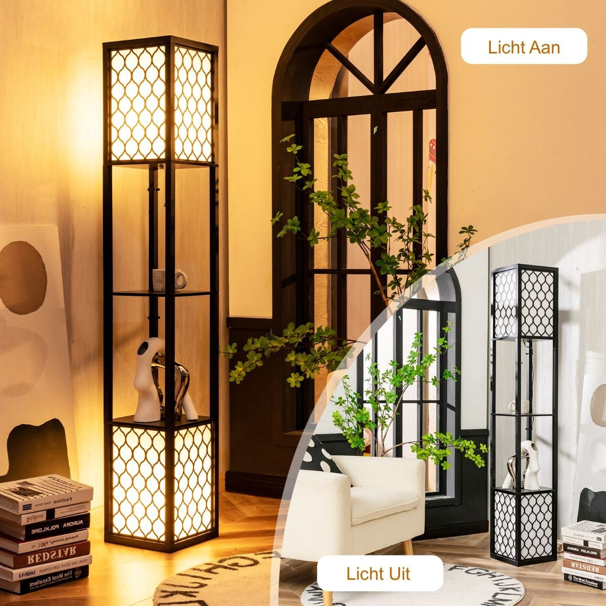 Coast Moderne Vloerlamp met Twee Lagen Houten Plank & Witte Lampenkap - 26 x 26 x 156 cm