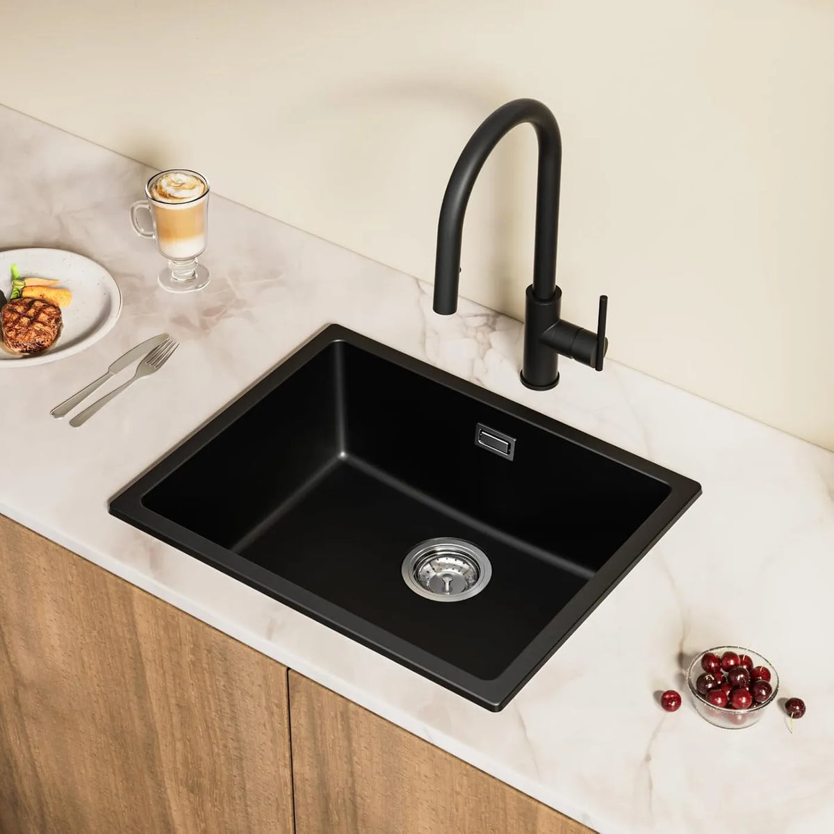 Cecipa Max Granieten Spoelbak 55 x 44 cm - Onderbouw en Opbouw - Geluiddempend met Sifon - Zwart