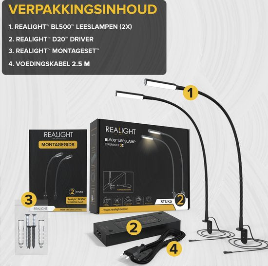 Realight LED Leeslamp voor Bed Set van 2 - 58 cm - Zwart - Dimbaar Bedlampje met Touchbediening en 2,5 Meter Snoer