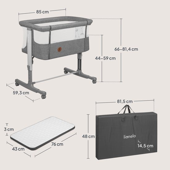 Lionelo Aurora 3in1 Co-sleeper - Babybedje tot 9 kg - Meegroeibed - 4 wielen met rem - Campingbedje – Verstelbare Hoogte – Ademend Gaas – Inclusief Matras & Transporttas – Afneembare Bekleding