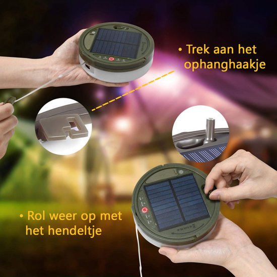 Tech Essentials Solar Camping Lichtsnoer - 100LEDs - 10M - Warm-Wit Licht - Tentlamp - USB-Oplaadbaar - Met Afstandsbediening - Oprolbaar - Kampeerlamp - Zonneenergie Hanglamp - Nood