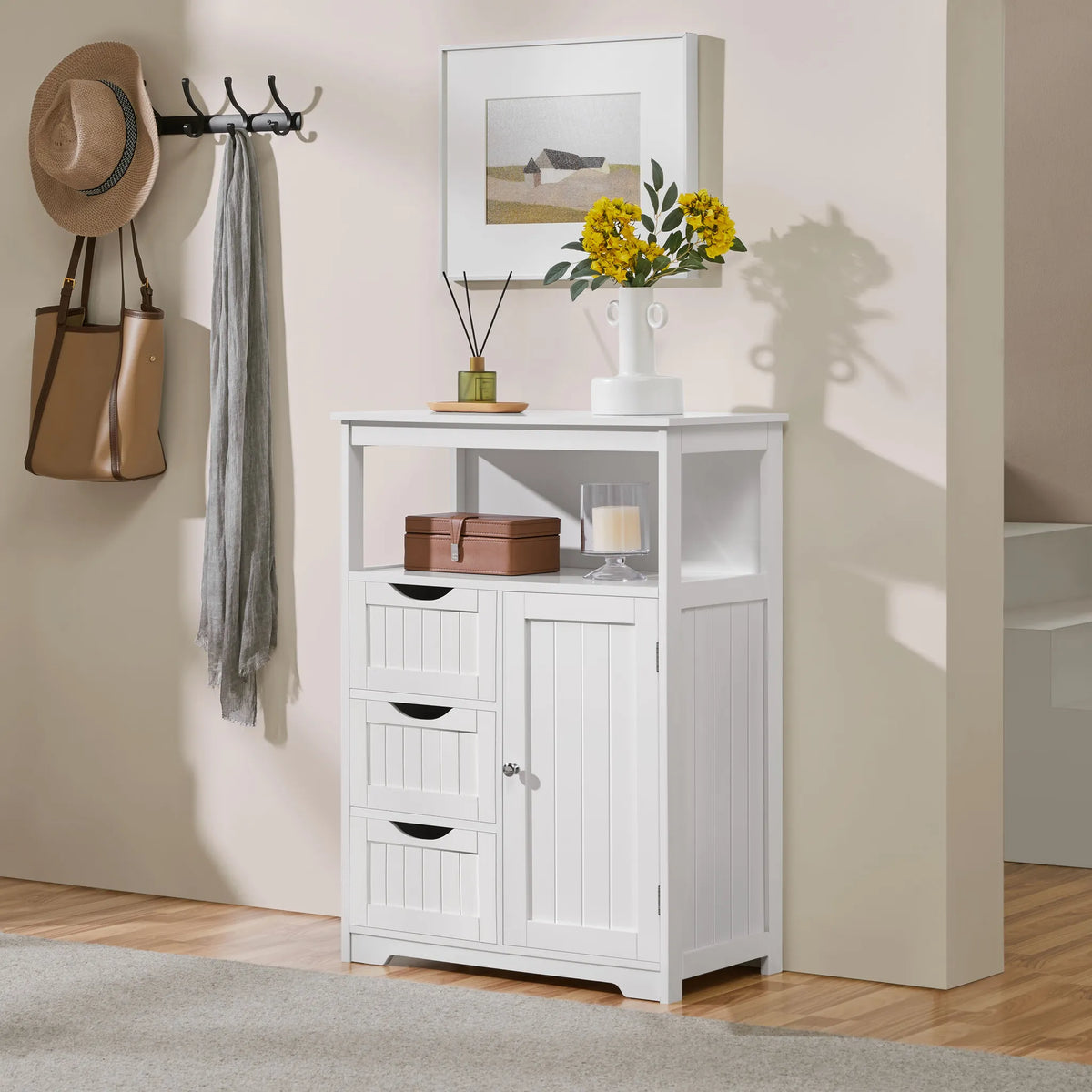 Yaheetech Badkamerkast Met 3 Lades – Voorzien Van Verstelbare Plank En Open Opbergvak En Metalen Beslag – Voor Badkamer Woonkamer En Slaapkamer – Wit Mdf En Metaal – 66 x 35 x 90 cm