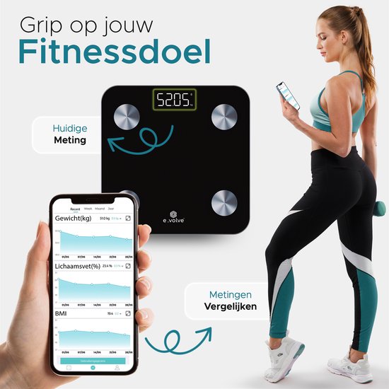 e.volve Weegschaal Personenweegschaal Digitaal - 20x - Zwart - Slimme Weegschaal met Lichaamsanalyse - Precisie Weegschaal - Weegschalen - Digitale Weegschaal - Incl. App