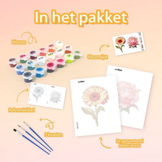 Rubye® Schilderen Op Nummer Volwassenen – Roos & Zonnebloem – Inclusief Verf en Penselen – Canvas Schildersdoek - Kleuren op Nummer - Dubbele Set - 15x20cm