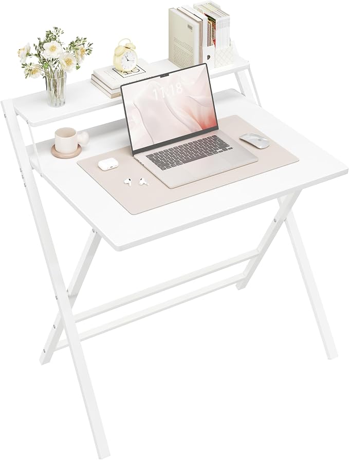 Yaheetech Opvouwbaar Bureau 80 x 50 cm - Wit - Computertafel met Monitorverhoger en Opbergplank