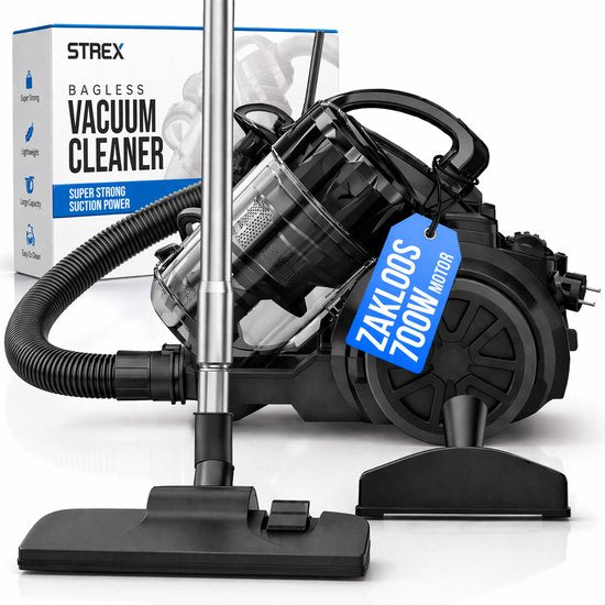 Strex Stofzuiger Zonder Zak - 700W Krachtige Zakloze Stofzuiger - HEPA Filter - 2.5L Stofreservoir - Extra Lang Snoer - Inclusief 4 Opzetstukken