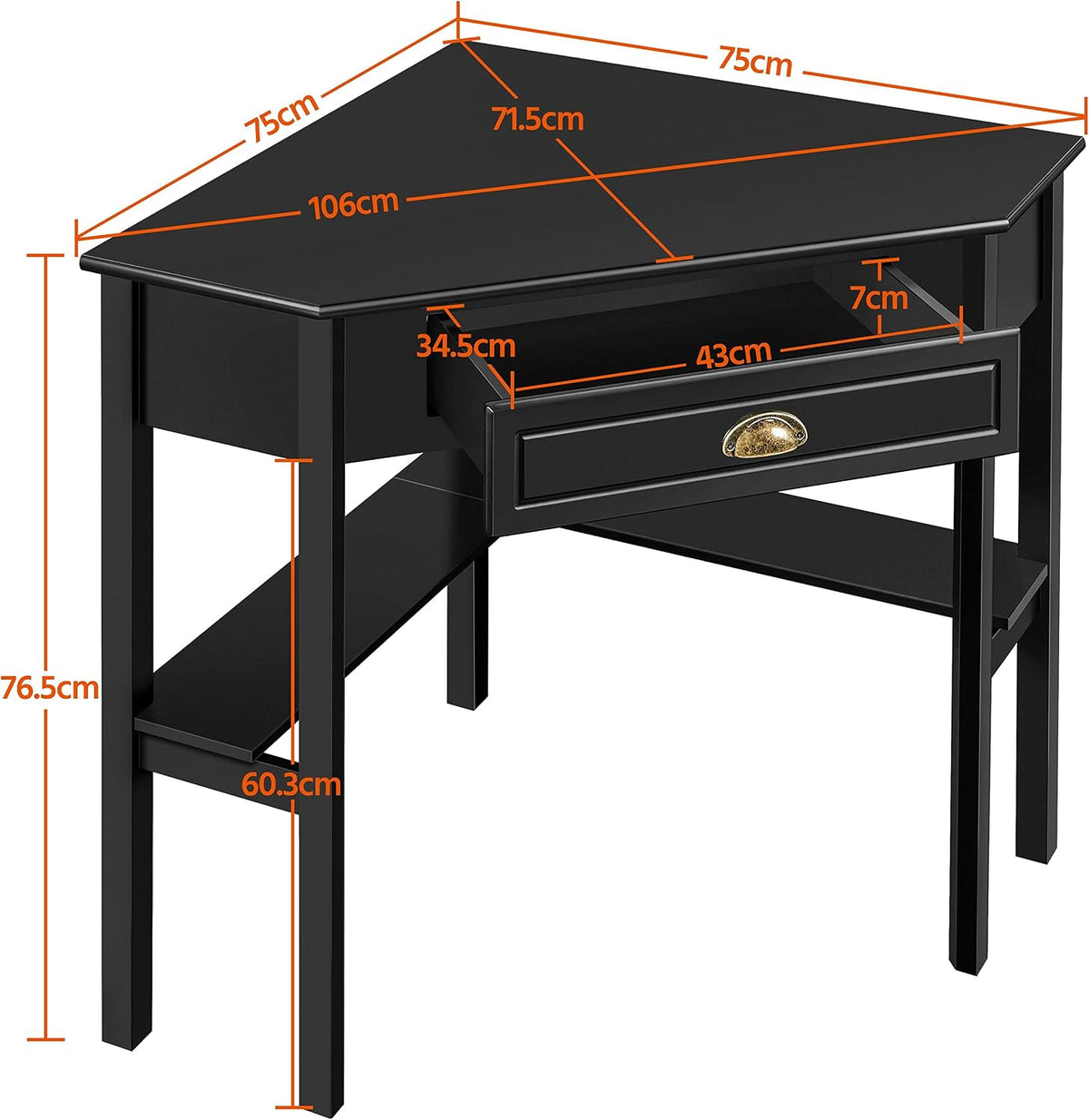 Yaheetech Hoekbureau 106 × 71,5 × 77 cm – met lade en legplanken, zwart