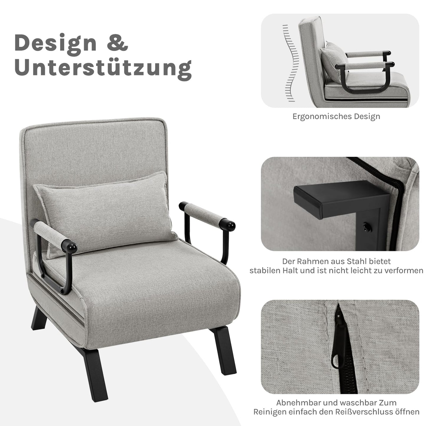 Woltu Slaapfauteuil - 3 In 1 - Verstelbare Rugleuning - Linnen - 65x78x75 cm - Lichtgrijs