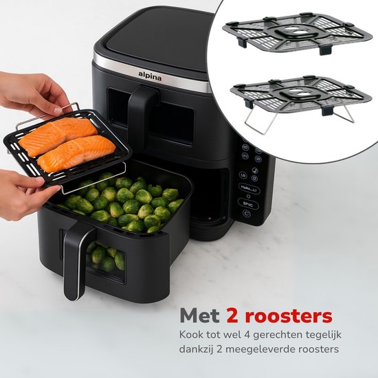 alpina Airfryer XXL - Dubbele Air Fryer 11L - Heteluchtfriteuse 2 Manden - Double Stacked voor 8 Personen - Opvouwbaar Display - Timerfunctie tot 60 Minuten - Temperatuur 60-200°C - Zwart