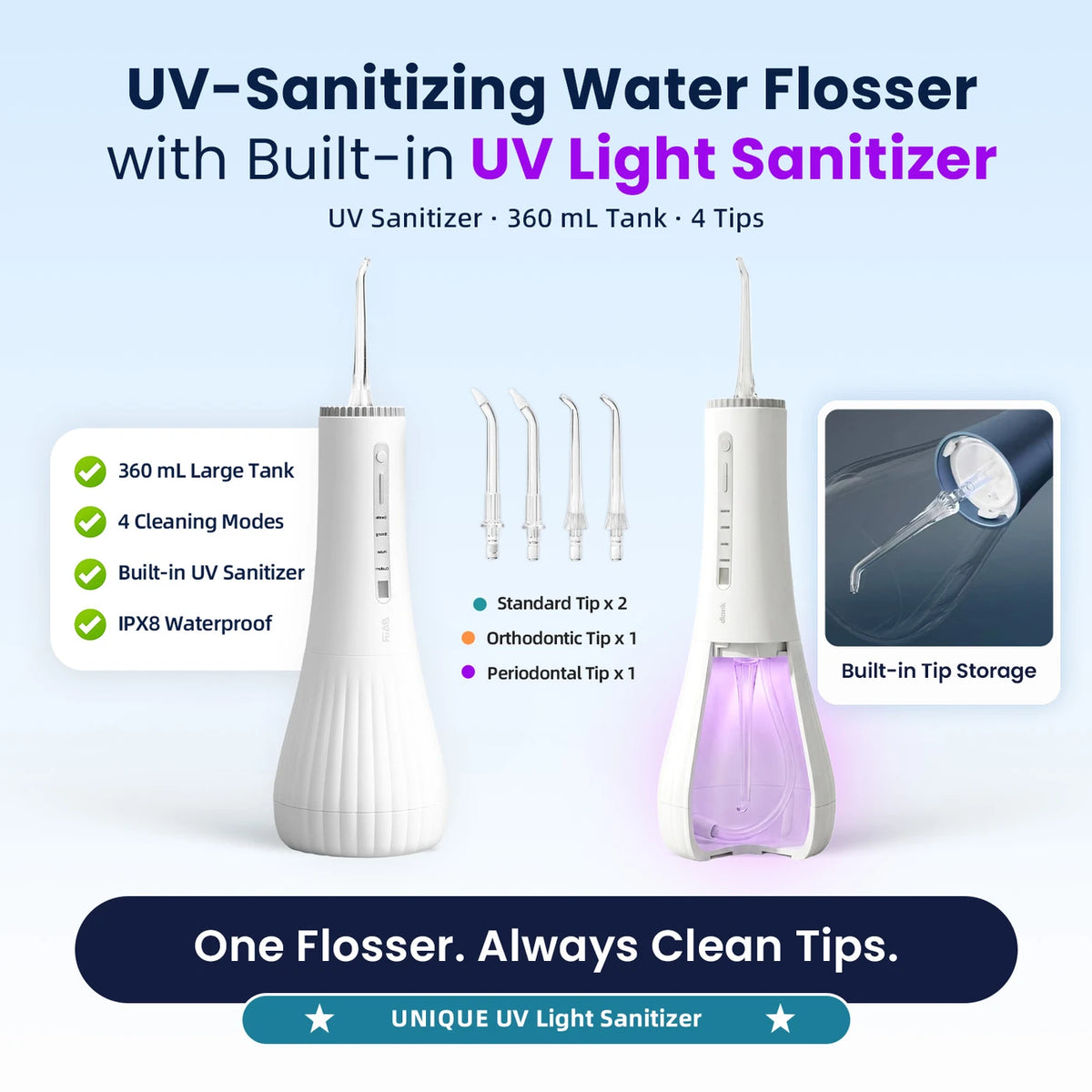 Bair Care Waterflosser M11 - Wit - UV-sterilisatie - 360 ml Reservoir - 4 Standen - 3 Opzetstukken - IPX8 - USB-C