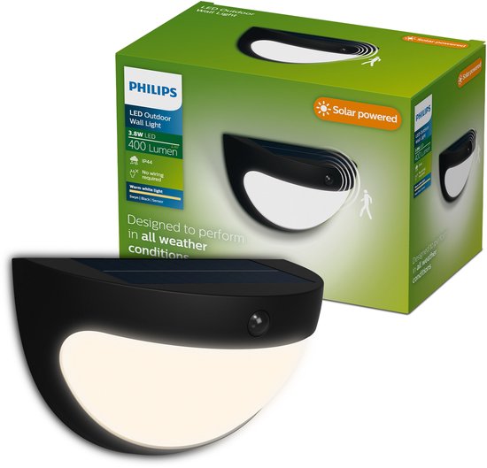 Philips Swyn Solar wandlamp - Zonne-energie - Warmwit licht: 2700K - Zwart - Twee lichtstanden - Schemersensor - Bewegingssensor - IP44: weerbestendig - Solar buitenverlichting