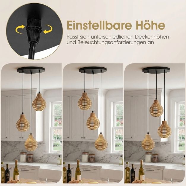 Coast 3-lichts Rotan Hanglamp – Verstelbaar 24-102 cm – Ø 30 cm – Zwart en Beige