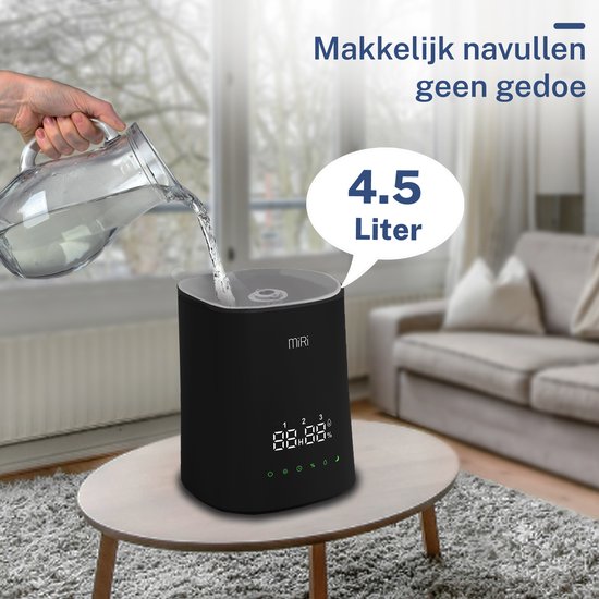 MiRi Nimbus – Luchtbevochtiger – Humidifier – 4.5L – Luchtvochtigheidmeter – Ionisator – 50m² – Ultrasoon – Afstandsbediening – Touchbediening – Aromatherapie