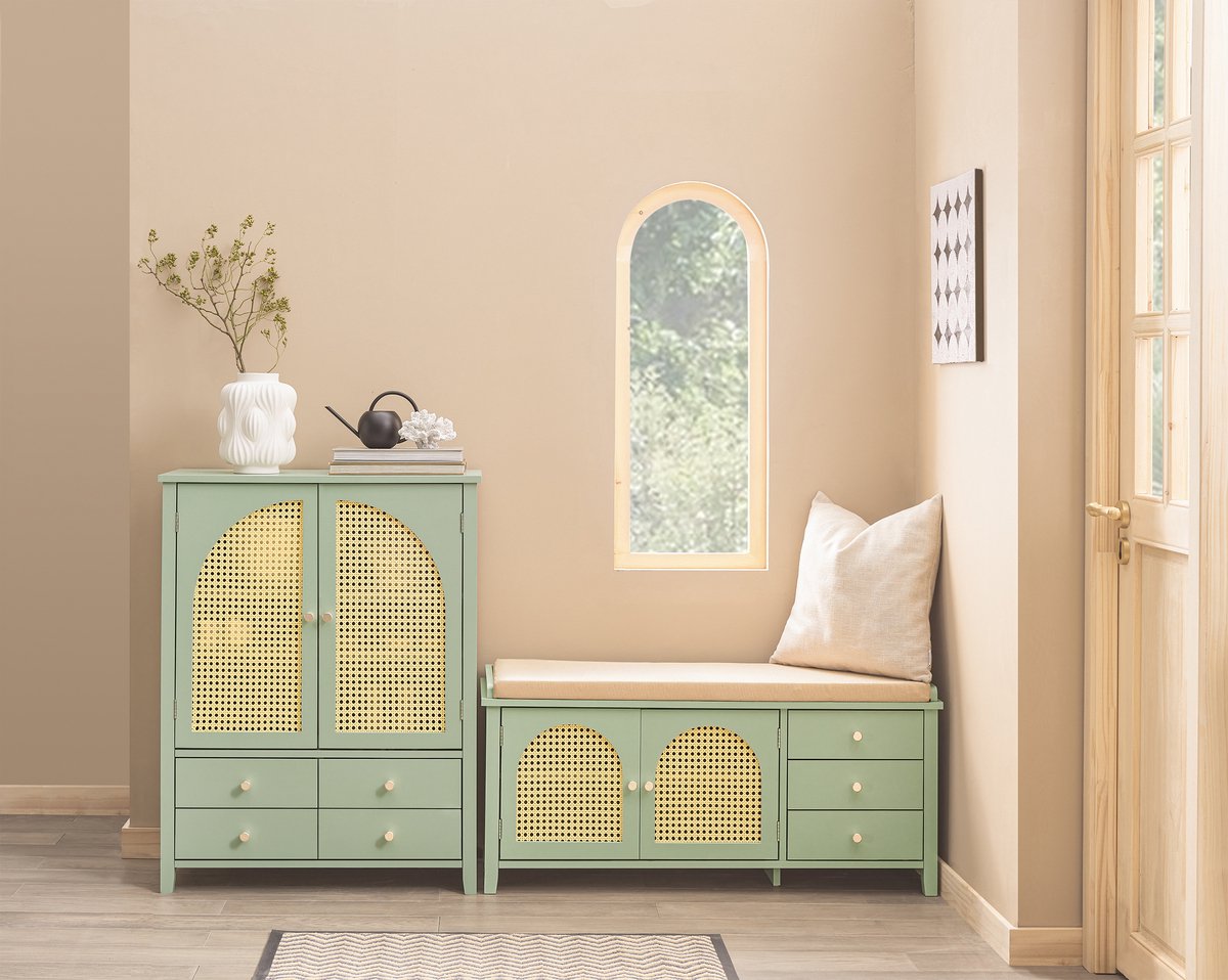 SoBuy Schoenenkast – 4 Lades & 2 Deuren met Rattan – 70x34x90 cm – Groen