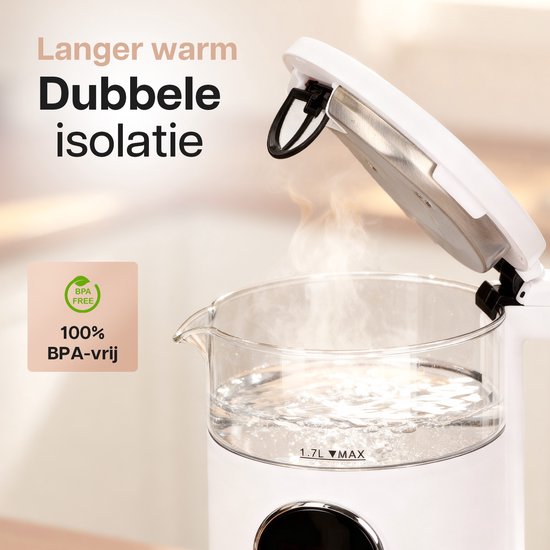 HomeShift® Waterkoker met Temperatuurregeling - Warmhoudfunctie - Dubbelwandig - Elektrisch - 1,7 Liter - 2200W - Wit